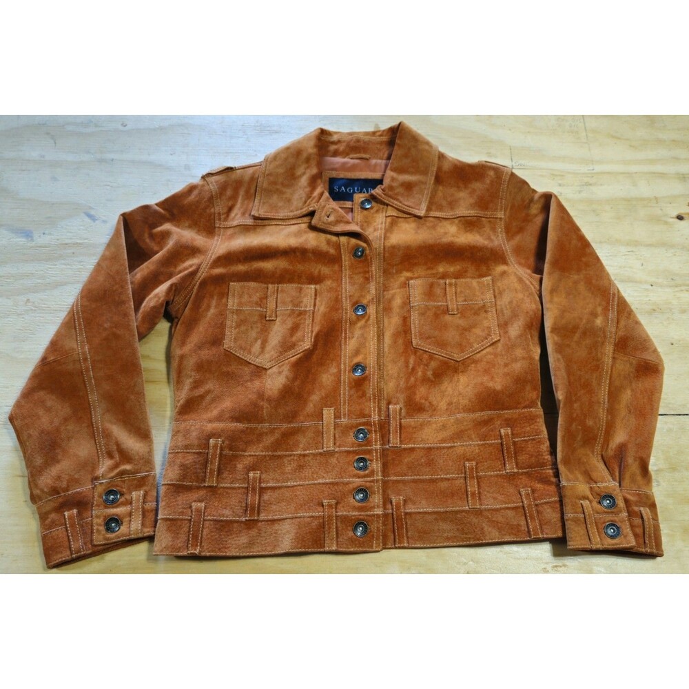 Vtg SAGUARO LEATHER WOMENS JACKET Size Medium Red Tan Camel Pockets Buttons